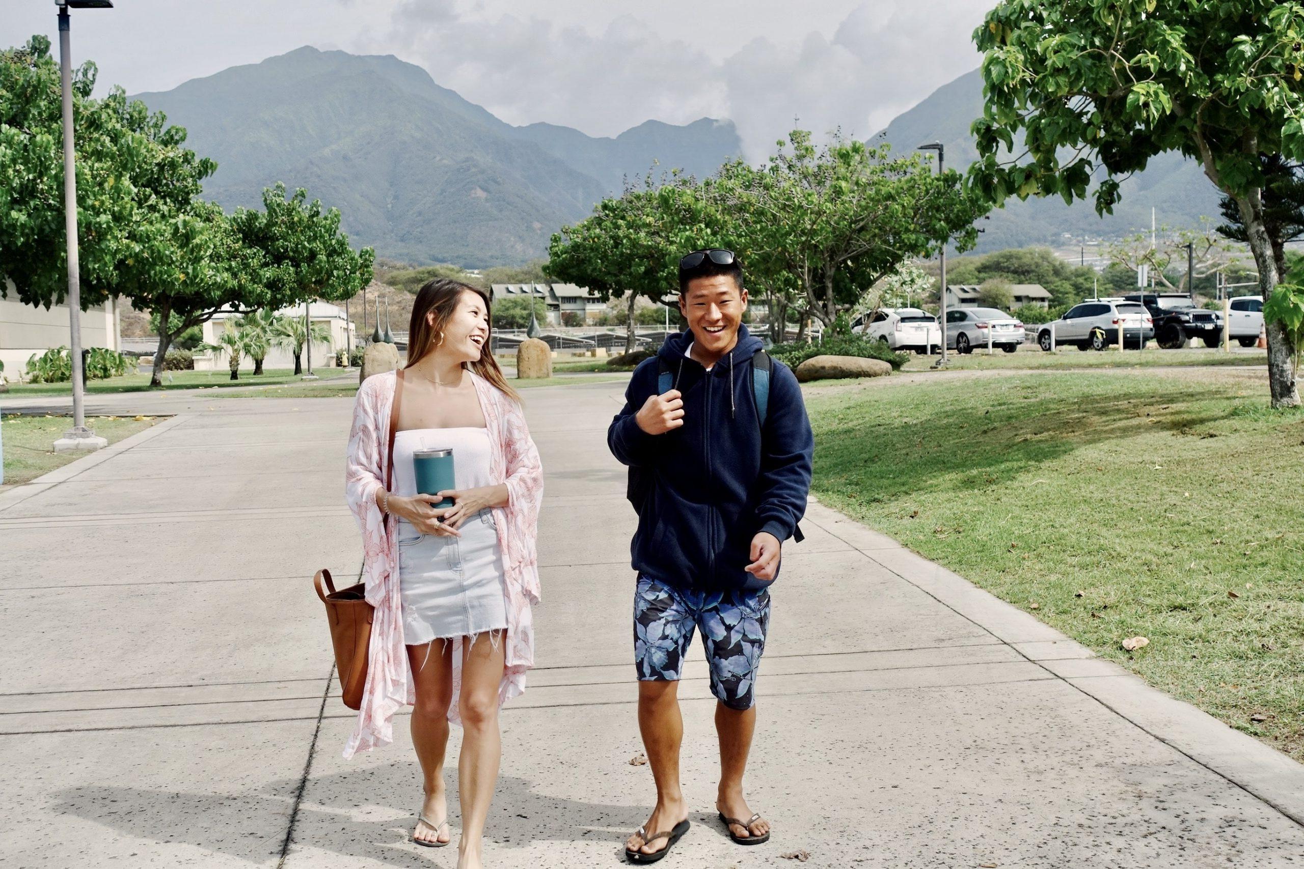 Two students walking to class